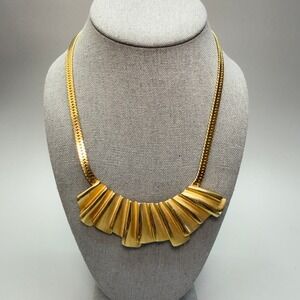 Vintage Gold Tone Bar Fan Bib Statement Necklace 17" Etruscan Inspired 80s Chic
